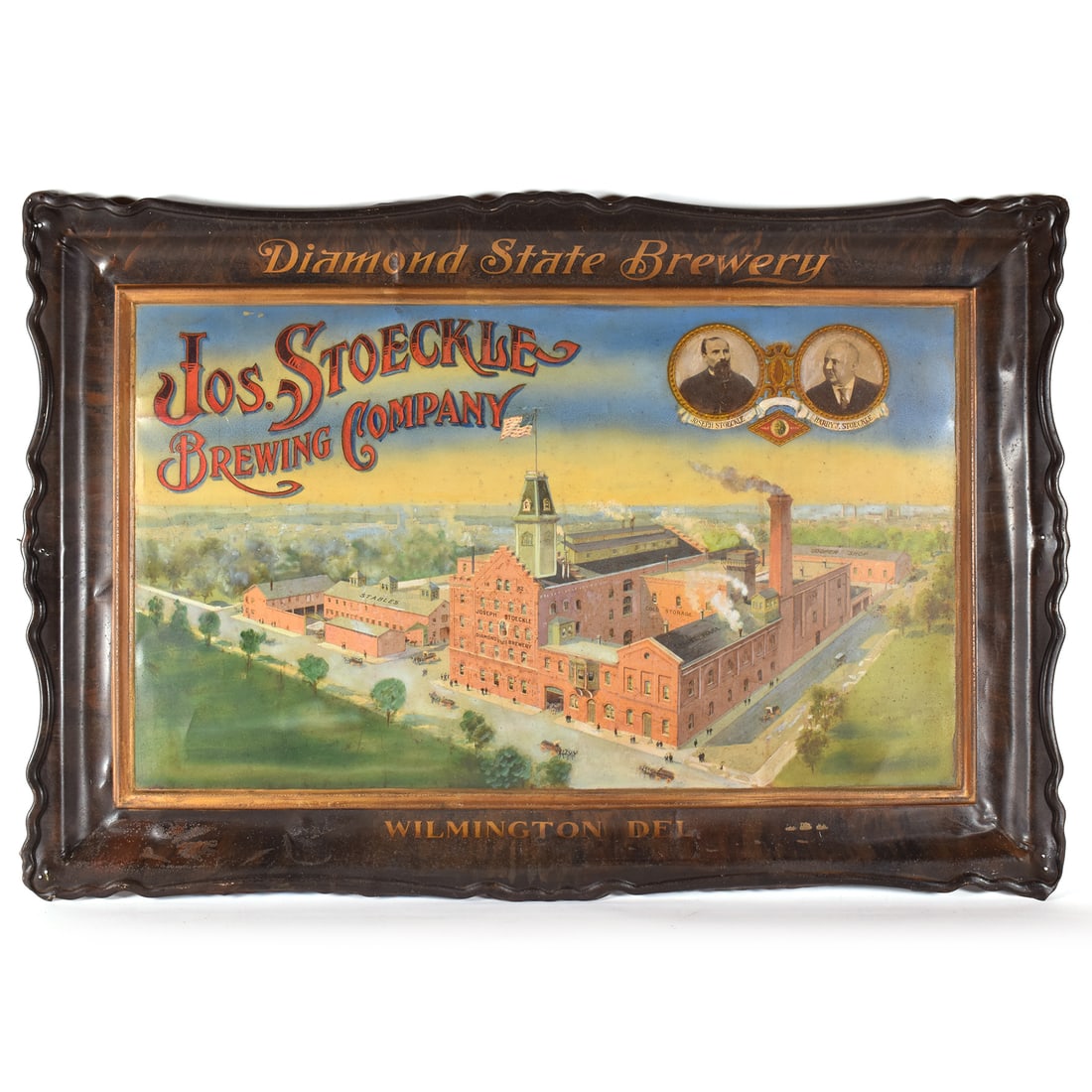 Stoeckle Diamond State Brewery Self-Framed Tin Factory Scene Sign Wilmington DE -RARE-: A Pre-Prohibition, circa 1900, self-framed tin advertising sign featuring an aerial view of the Diamond State Brewery, Jos. Stoeckle Brewing Company in Wilmington, Delaware. The sign depicts the 