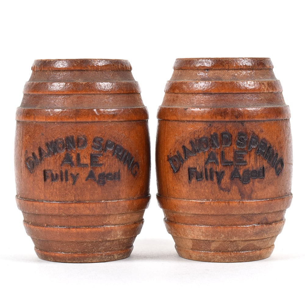 Diamond Spring Ale Fully Aged Wooden Barrels Salt And Pepper Shakers Pair OUTSTANDING: Brewer/Business Name: Diamond Spring Brewery, Lawrence, Massachusetts Manufacturer/Plant: See comments/description Date of manufacture: