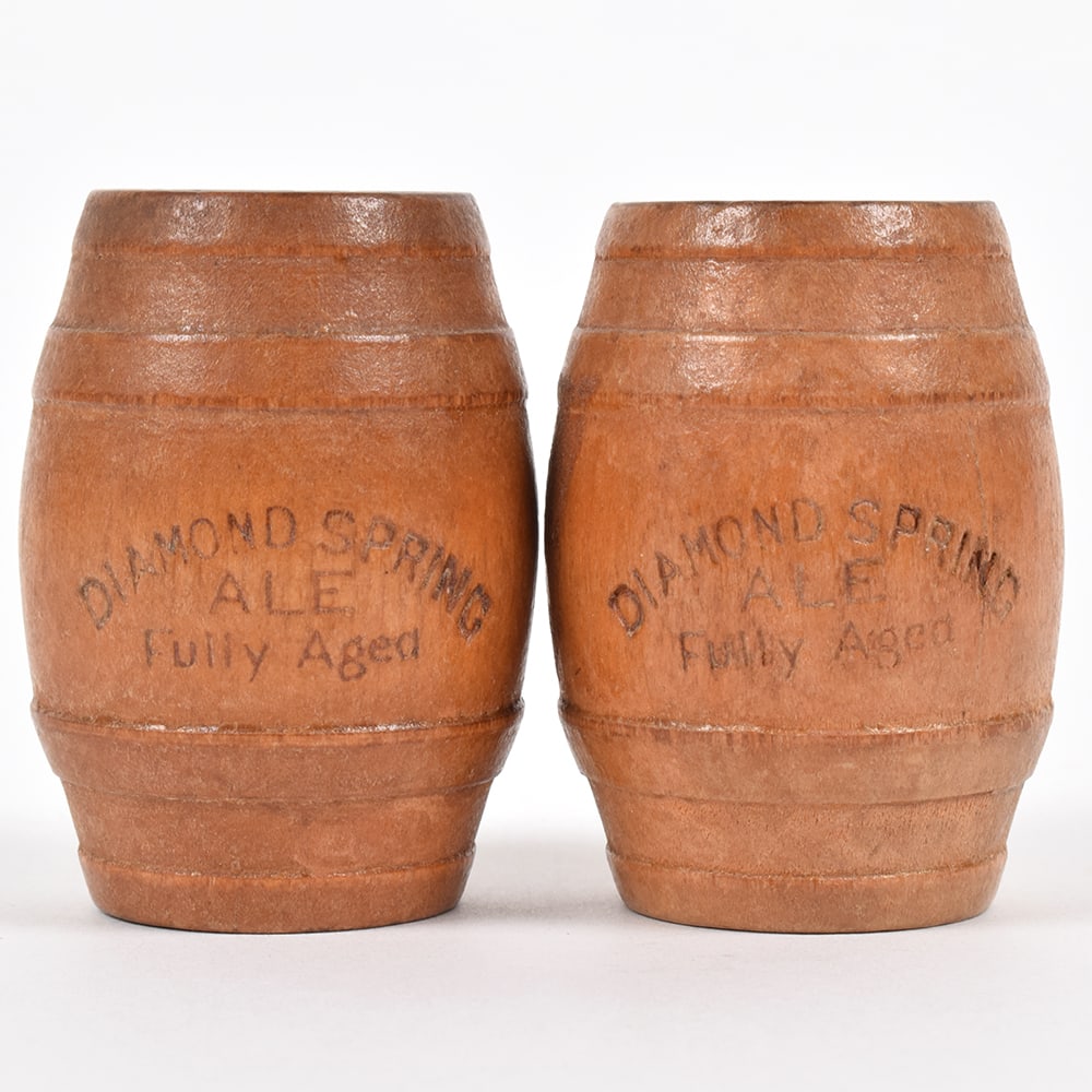 Diamond Spring Ale Fully Aged Wooden Barrels Salt And Pepper Shakers Pair OUTSTANDING: Brewer/Business Name: Diamond Spring Brewery, Lawrence, Massachusetts Manufacturer/Plant: See comments/description Date of manufacture: