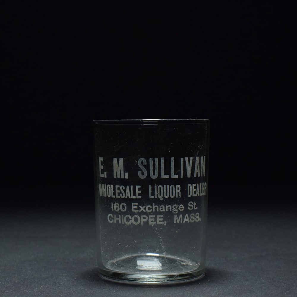 E M Sullivan Liquor Dealer Pre-Pro Etched Shot Glass: Brewer/Business Name: E. M. Sullivan, Chicopee, Massachusetts Manufacturer/Plant: Unknown Date of manufacture: