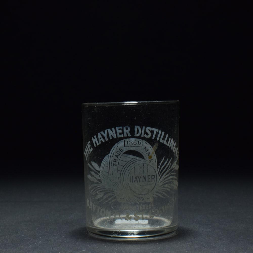 Hayner Distilling Co Pre-Pro Etched Whiskey Shot Glass: Brewer/Business Name: Hayner Distilling Co., Dayton, OH, and St.Louis, Missouri Manufacturer/Plant: Unknown Date of manufacture: