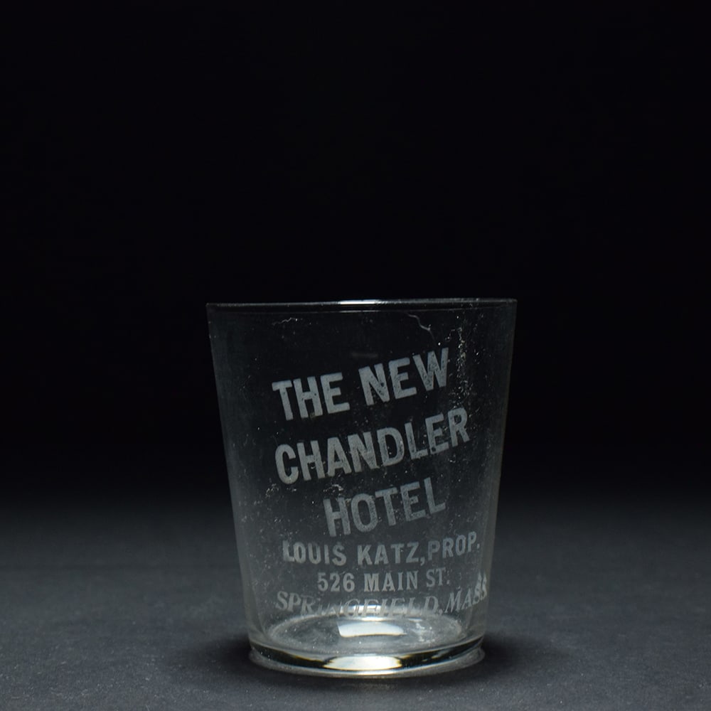 New Chandler Hotel Pre-Pro Etched Shot Glass: Brewer/Business Name: New Chandler Hotel, Springfield, Massachusetts Manufacturer/Plant: Unknown Date of manufacture: