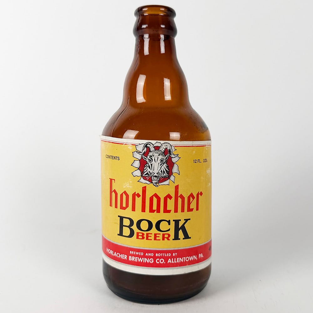 Horlacher BOCK Steinie Beer Bottle Allentown PA: Vintage Horlacher Bock Beer bottle. Brewed and bottled by Horlacher Brewing Co., Allentown, PA. Features a yellow label with a goat's head graphic. 12 fl. oz. contents.