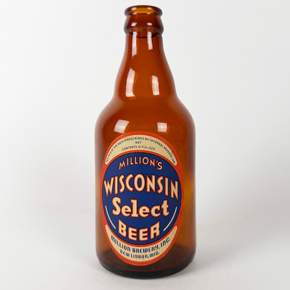 Million's Wisconsin Select Beer Steinie Bottle New Lisbon WI: Circa 1940s brown glass steinie bottle for Million's Wisconsin Select Beer, from Million Brewery, Inc., New Lisbon, Wisconsin. 