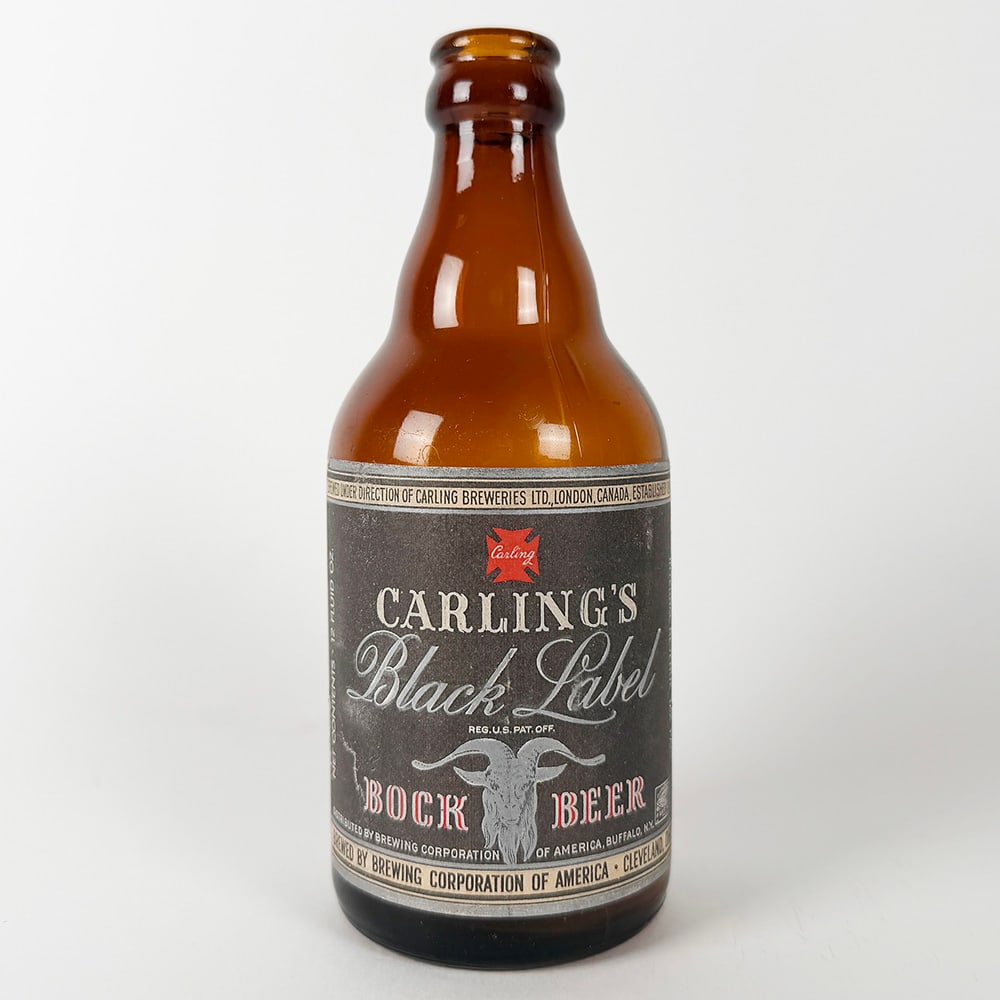 Carling's Black Label BOCK Beer Steinie Bottle Cleveland OH: Circa 1940s Carling's Black Label BOCK Beer bottle. Brewing Corp. of America, Cleveland, Ohio (brewed under direction of Carling Breweries Lits of London, Canada. Features a brown glass bottl