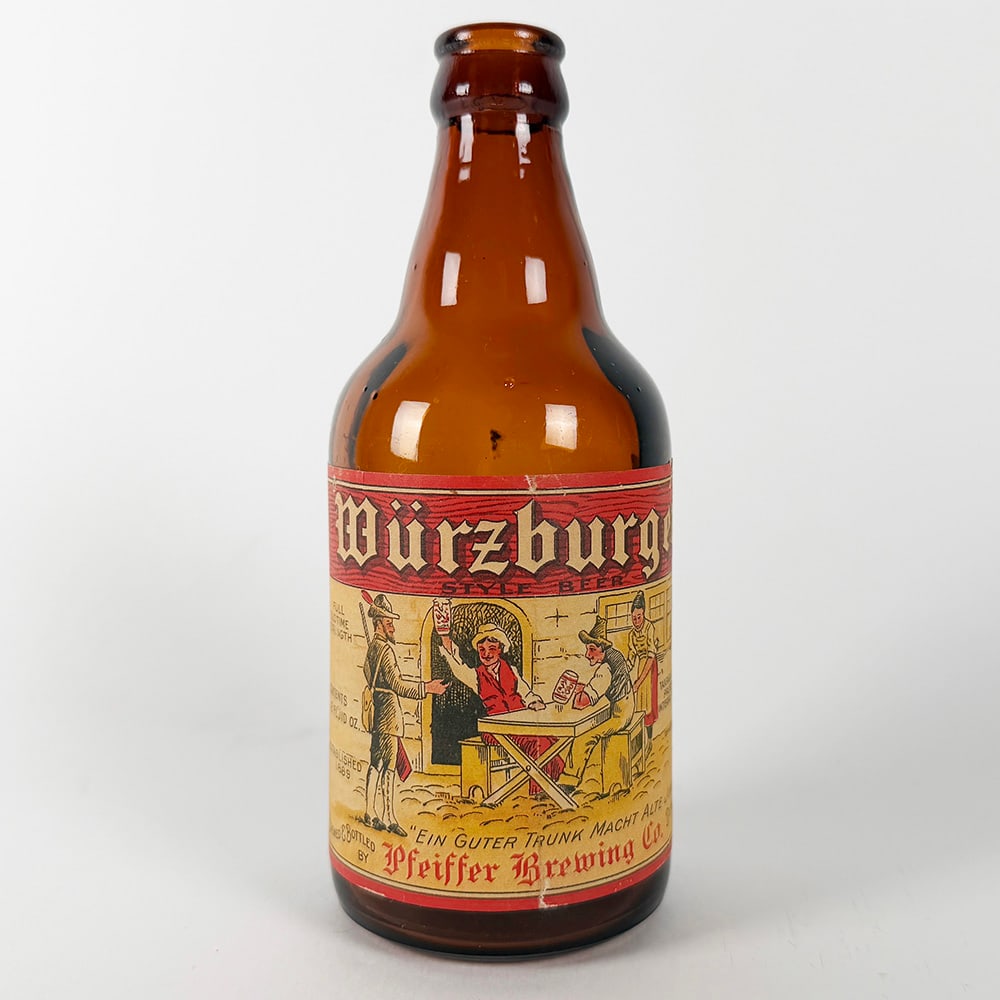 Würzburger Beer Steinie Bottle Pfeiffer Brewing Detroit MI: Vintage Würzburger beer bottle from Pfeiffer Brewing Co. Features a colorful label depicting a drinking scene. The bottle is made of brown glass and is in good condition for its age. A great piec