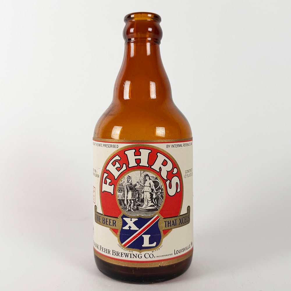 Fehr's XL Beer Steinie Bottle Louisville KY: Circa 1940s Fehr's XL Beer steinie bottle from the Frank Fehr Brewing Co., Louisville, Kentucky. Features the ornate Fehr's logo. 
