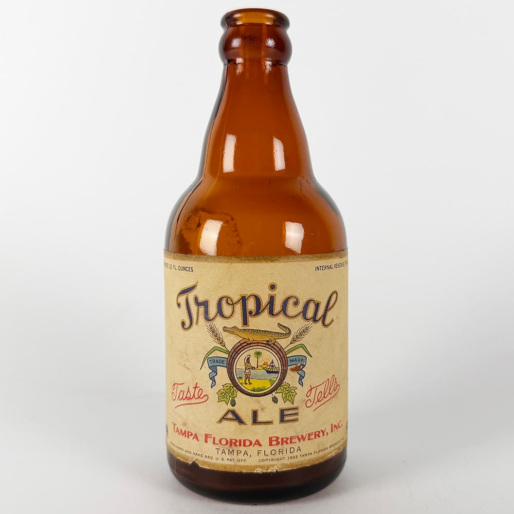Tropical Ale Steinie Bottle - Tampa Florida Brewery: Circa 1930s Tropical Ale steinie bottle from Tampa Florida Brewery, Inc., Tampa, Floirida. Copyright 1935. Features a label with an alligator graphic.