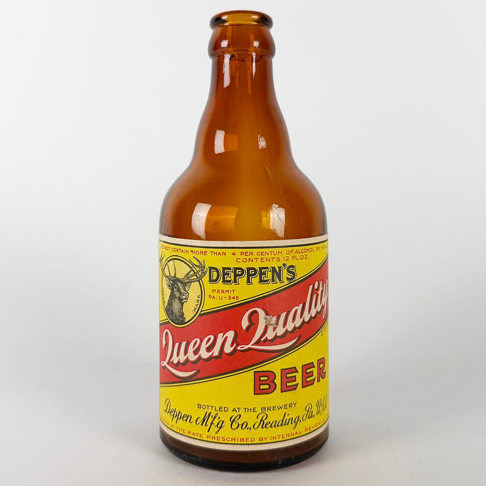 Deppen's Queen Quality Beer Steinie Bottle Reading PA: Circa 1930s Deppen's Queen Quality Beer steinie bottle. Features a deer head. Bottled at the brewery, Deppen Mfg Co., Reading, Pennsylvania. 12 oz.