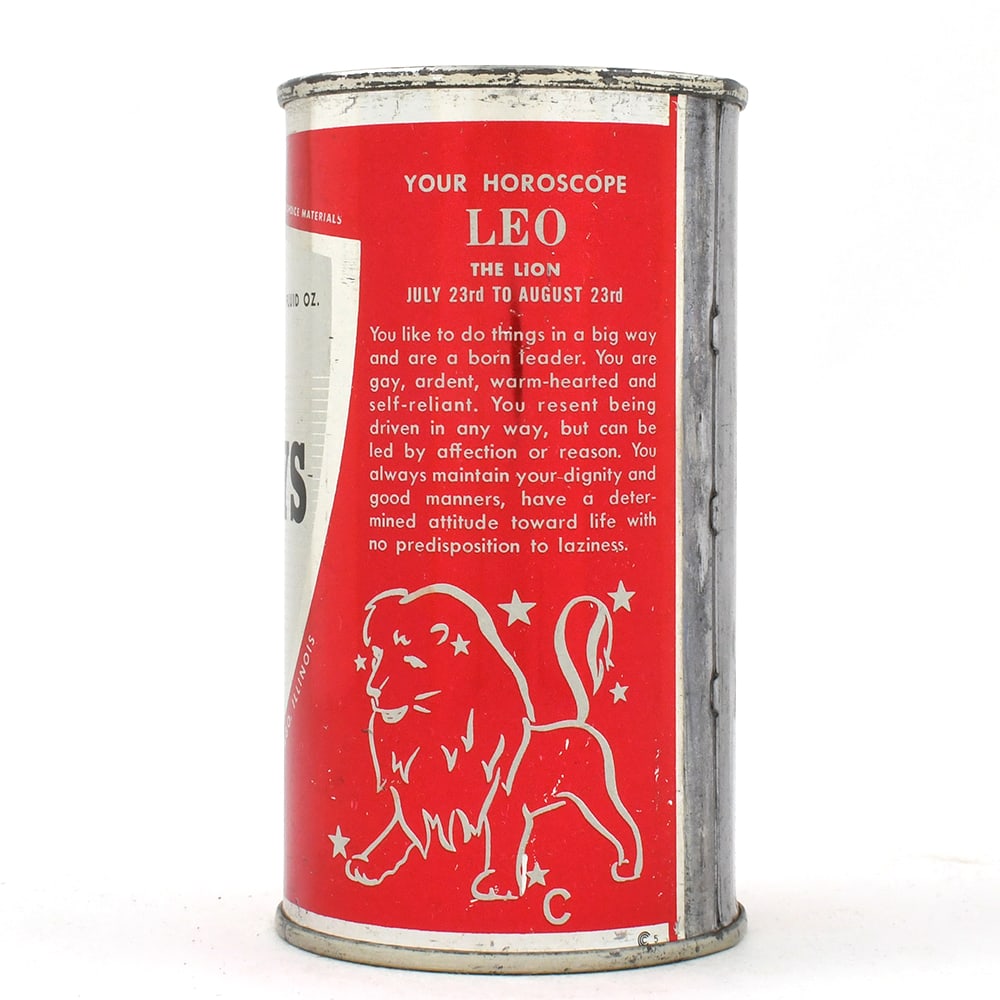 Drewrys Beer HOROSCOPE Flat Top Vanity Lid RED CANCER LEO CHICAGO 55-4: Brewer/Business Name: Drewrys Ltd. USA, Chicago, Illinois Manufacturer/Plant: Continental Can Co. Date of manufacture: circa 1950s Canning Code: n/a USBC reference: 55-4 USBCOI reference: