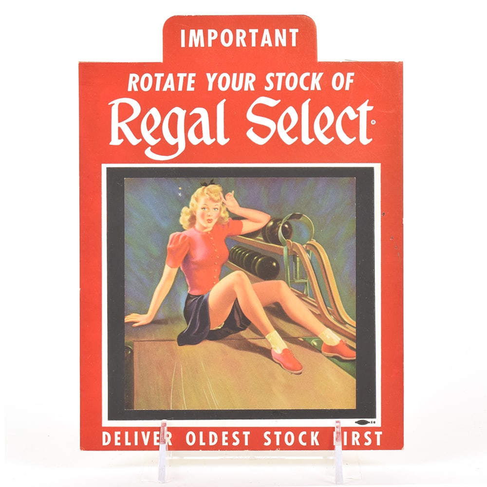 Regal Select 1940s Cardboard Sign BOWLING Pin-Up GIRL ROTATE STOCK: Brewer/Business Name: Regal Pale Brewing Co., San Francisco, California Manufacturer/Plant: Unknown Date of manufacture: