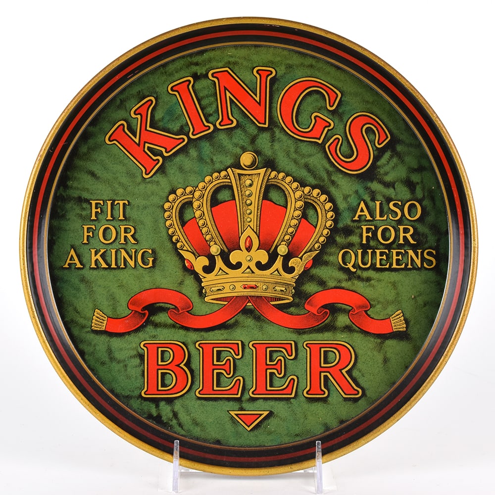 Kings Beer 1930s Serving Tray GREEN SHARP: Brewer/Business Name: Kings Brewery Inc., Brooklyn, New York, New York Manufacturer/Plant: Electro-Chemical Engraving Co. Date of manufacture: circa 1930s Contents/Type: N/A Dimensions: 12 inches.