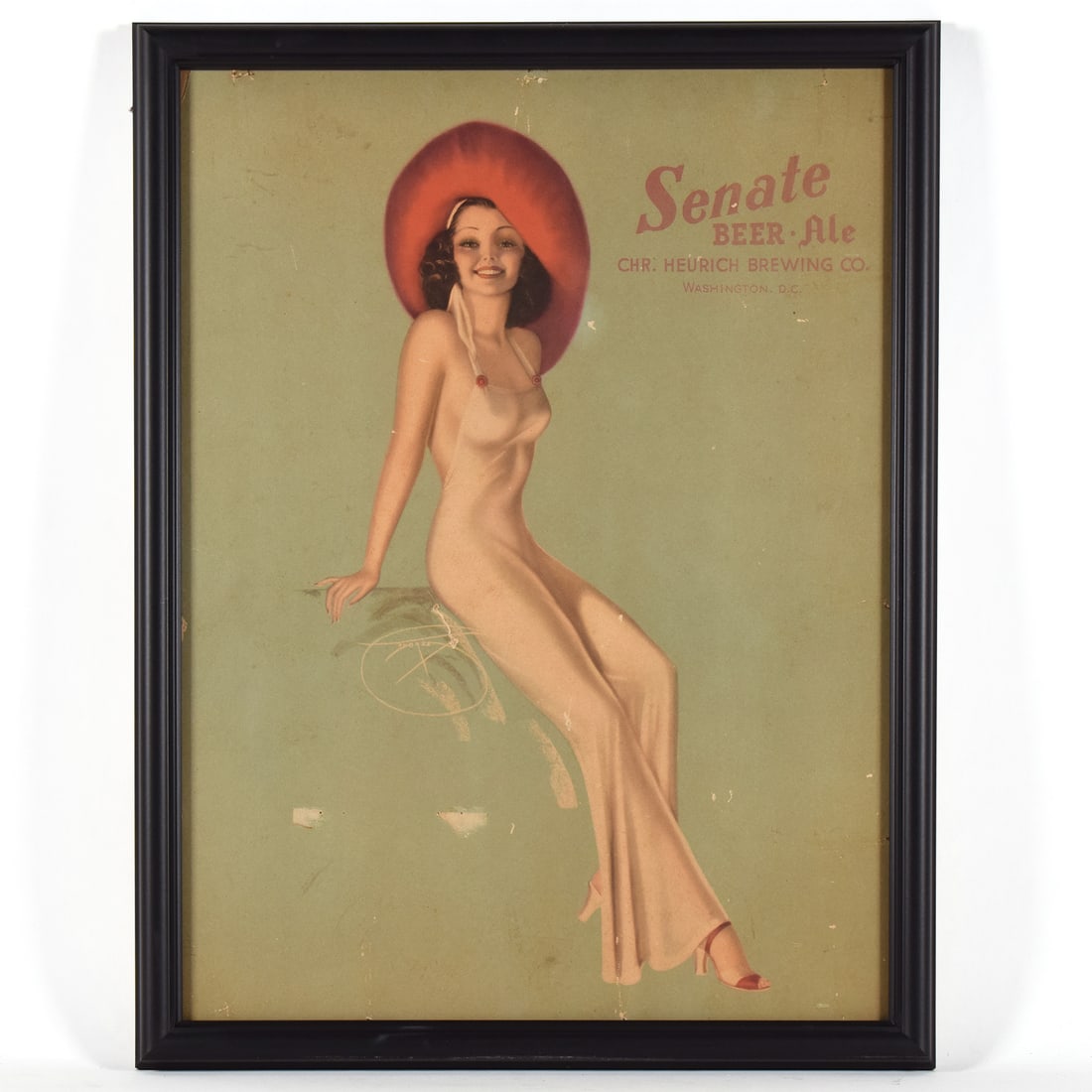 Senate Beer Ale c 1940 Cardboard Sign RED HAT WOMAN (1 of 2)