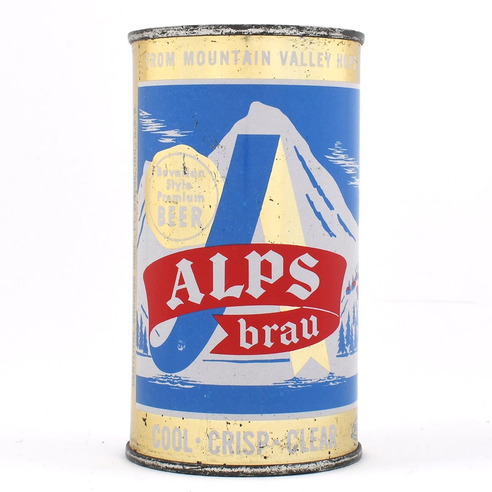 Alps Brau Bavarian Style Premium Beer Flat Top 30-9: Brewer/Business Name: Centlivre Brewing Co., Fort Wayne, Indiana Manufacturer/Plant: American Can Co. Date of manufacture: