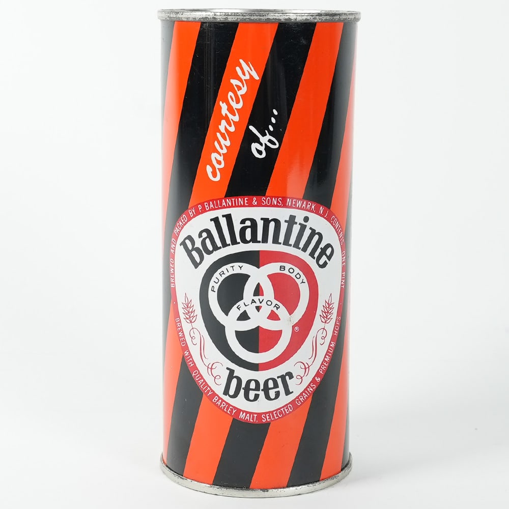 Ballantine Beer Princeton University Commemorative Bank Top 16 OZ Can 218-29: Brewer: P. Ballantine & Sons. Newark, New Jersy Manufacturer/Plant: American Can Co. Date of manufacture: circa 1960s USBC reference: 218-29 Contents/Type: 16 oz Dime