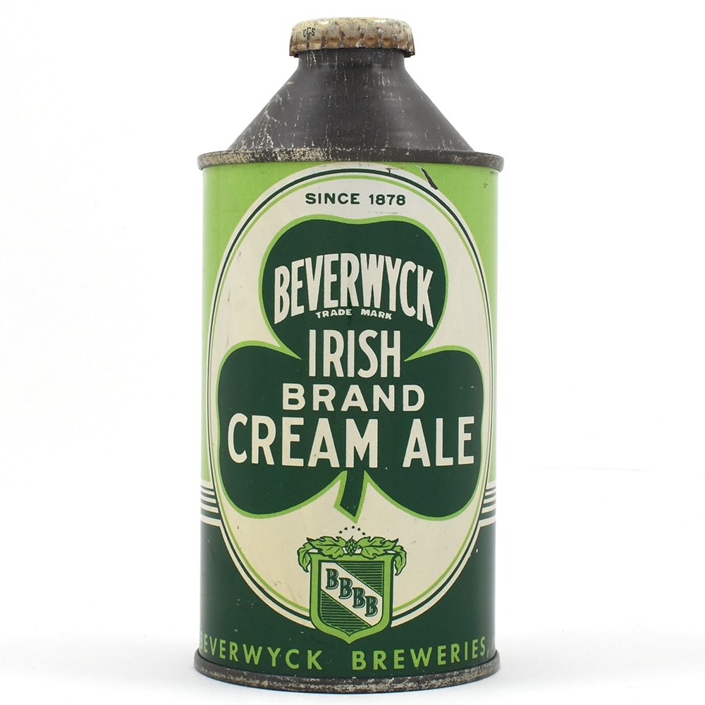 Beverwyck Irish Brand Cream Ale Cone Top 1878 DATE 152-6: Brewer/Business Name: Beverwyck Breweries Inc., Albany, New York Manufacturer/Plant: Continental Can Co. Date of manufacture: