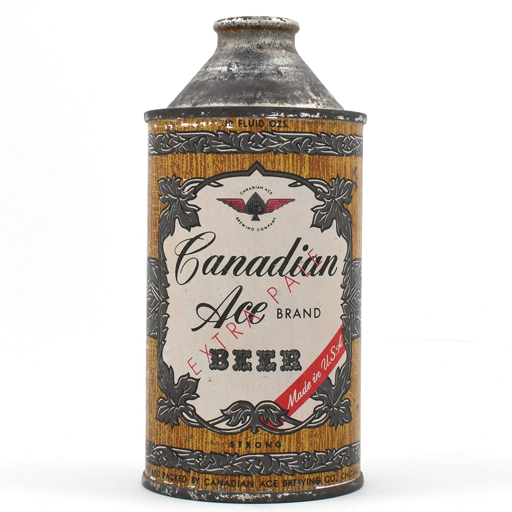 Canadian Ace Extra Pale Beer Cone Top STRONG 156-18: Brewer/Business Name: Canadian Ace Brewing Co., Chicago, Illinois Manufacturer/Plant: Continental Can Co. Date of manufacture: