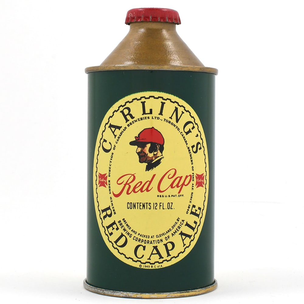 Carlings Red Cap Ale Cone Top NON-IRTP 156-28 MINTY: Brewer/Business Name: Carling Breweries Inc., New York, New York Manufacturer/Plant: Continental Can Co. Date of manufacture: circa 1950s USBC reference: 156-28 Contents/Type: 12 oz Dimensions: 2-3/4
