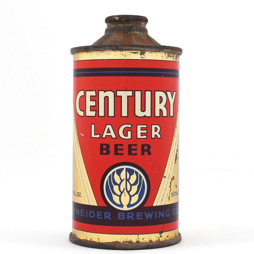 Century Lager Beer FBIR Cone Top 157-1: Brewer/Business Name: Ph. Schneider Brewing Co., Trinidad, Colorado Manufacturer/Plant: Continental Can Co. Date of manufacture: circa 1930s USBC reference: 157-1 Contents/Type: 12 oz Dimensions: