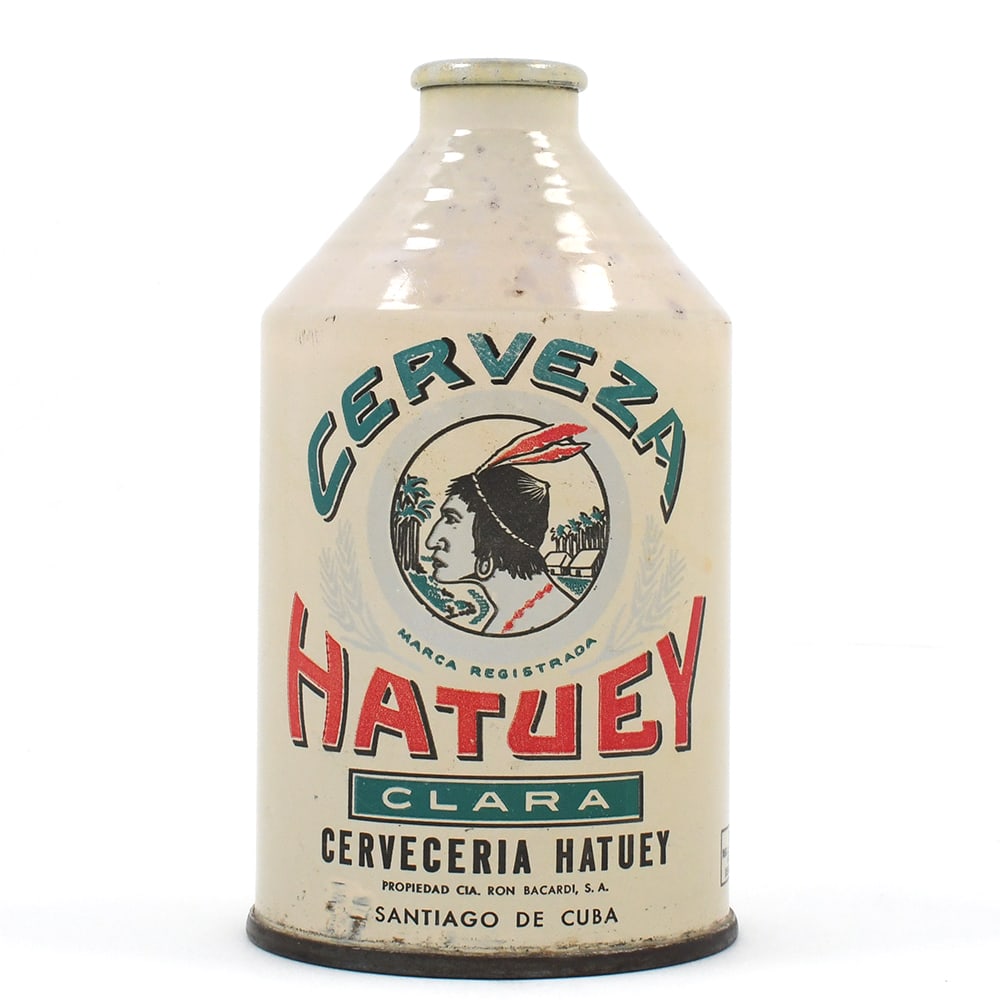Cerveza Hatuey Clara Cuban Crowntainer SCARCE EXCELLENT: Brewer/Business Name: Cerveceria Hatuey, Santiago, Cuba, Non-US Manufacturer/Plant: Crown Date of manufacture: circa 1940s USBC reference: unlisted Contents/Type: 12 oz Dimensions: 2-3/4 w x 5 h.