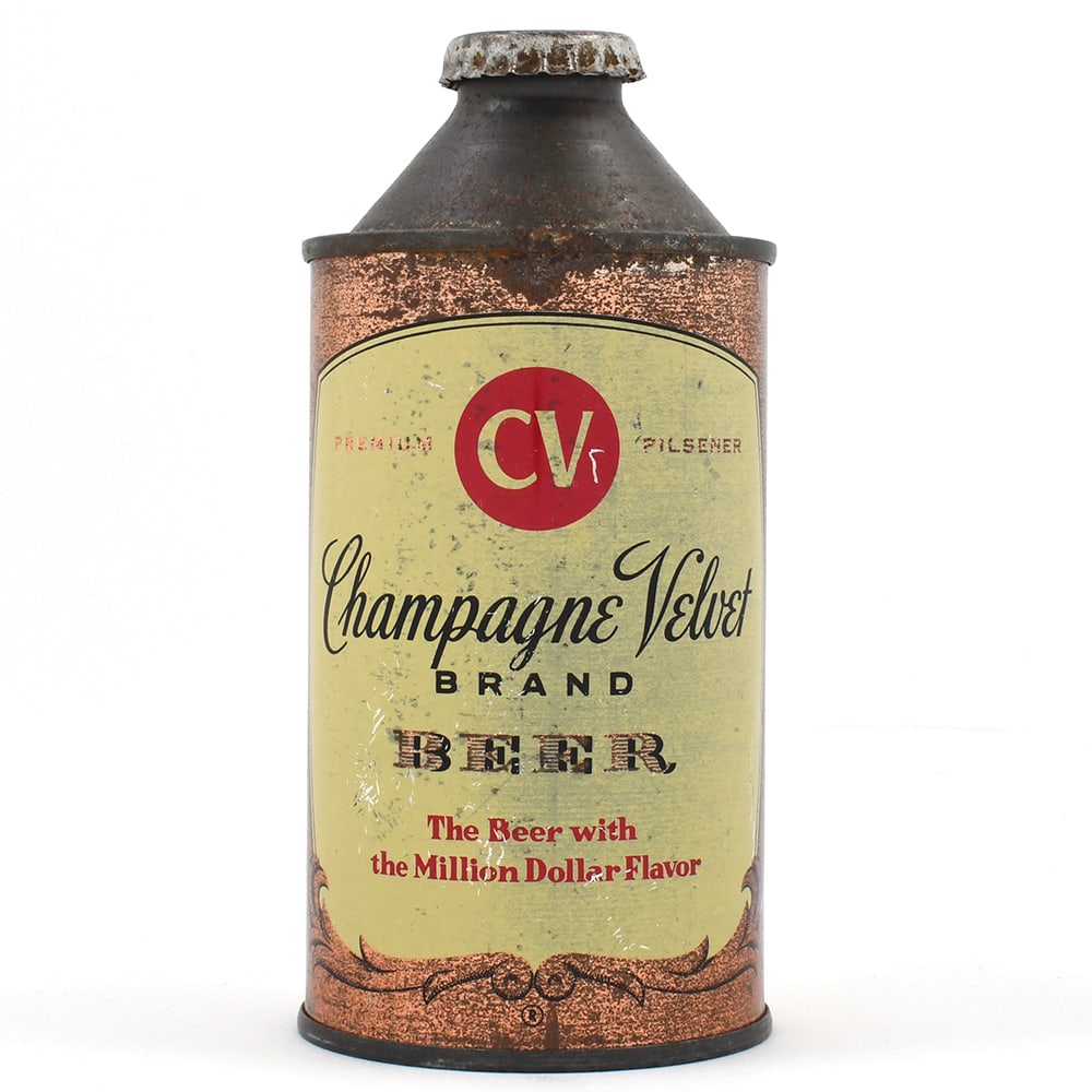 Champagne Velvet Brand Beer Cone Top 157-10: Brewer/Business Name: Terre Haute Brewing Co., Terre Haute, Indiana Manufacturer/Plant: Continental Can Co. Date of manufacture: circa 1950s USBC reference: 157-10 Contents/Type: 12 oz Dimensions: