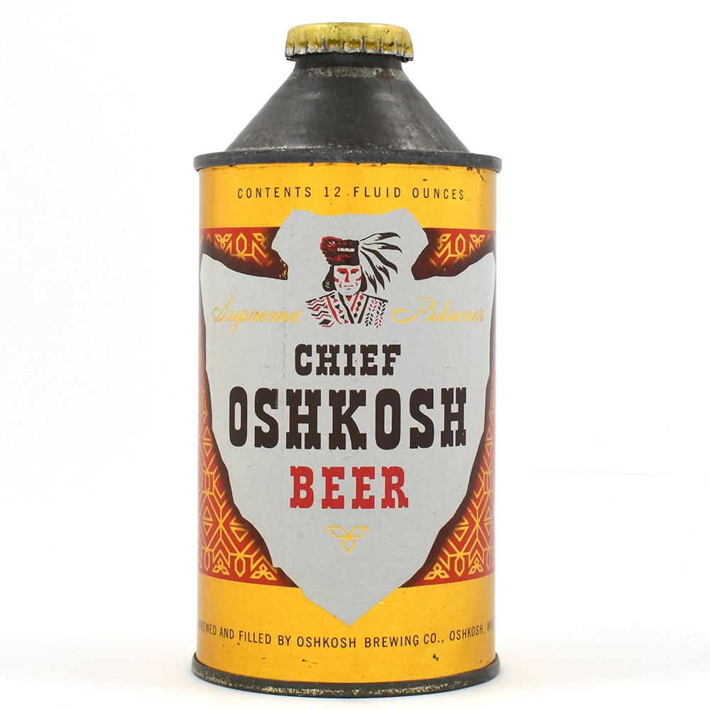 Chief Oshkosh Beer Cone Top 157-19 EXCEPTIONAL: Brewer/Business Name: Oshkosh Brewing Co., Oshkosh, Wisconsin Manufacturer/Plant: Continental Can Co. Date of manufacture: circa 1950s USBC reference: 157-19 Contents/Type: 12 oz Dimensions: 2-3/4 w