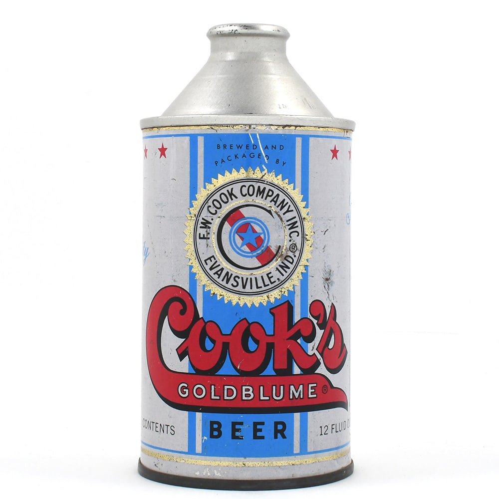 Cooks Goldblume Beer Cone Top NON-IRTP 158-9: Brewer/Business Name: F. W. Cook Co., Evansville, Indiana Manufacturer/Plant: Continental Can Co. Date of manufacture: