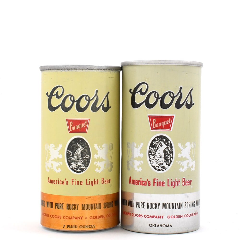 Coors Banquet Light Beer 7 Ounce Flat Tops Lot of 2: Brewer/Business Name: Adolph Coors Co., Golden, Colorado Manufacturer/Plant: Unknown Date of manufacture: