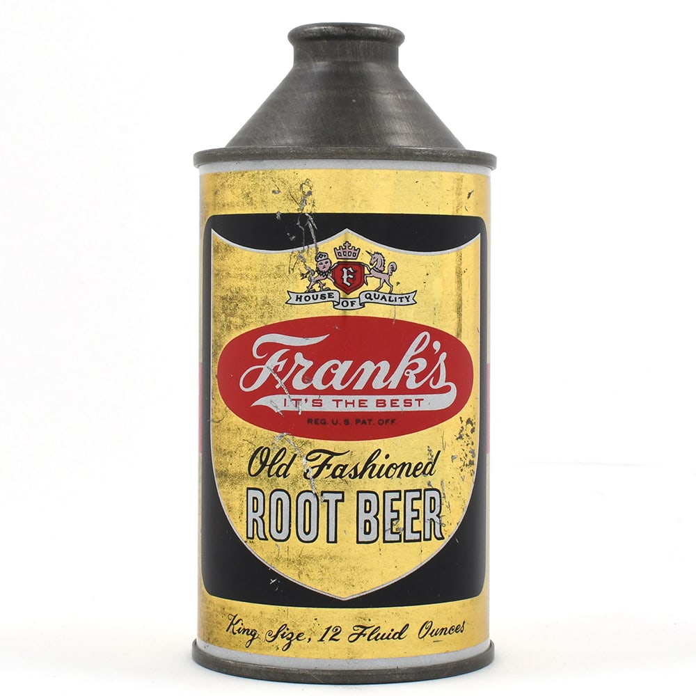 Franks Old Fashioned Root Beer Cone Top: Brewer/Business Name: Franks Beverages, Phildelphia, Pennsylvania Manufacturer/Plant: Continental Can Co. Date of manufacture: