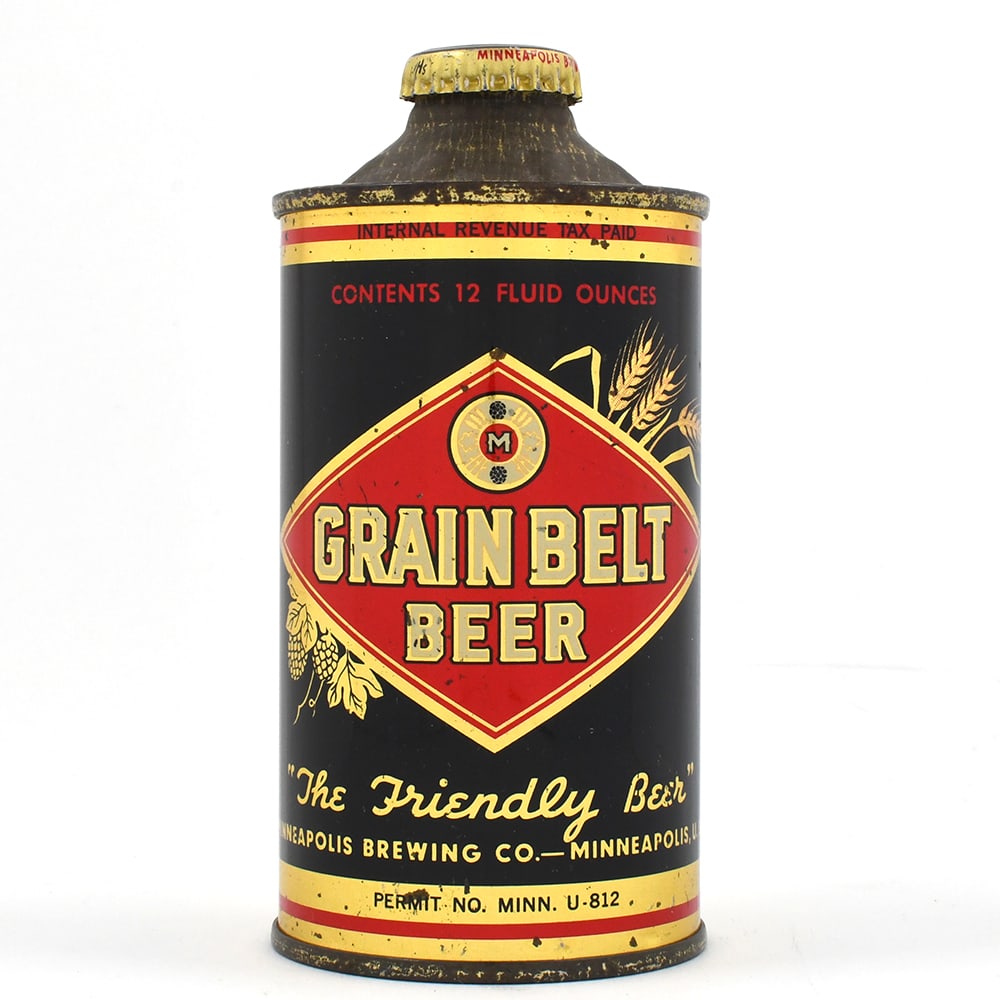 Grain Belt Beer Cone Top DNCMT 4 PERCENT 167-1 OUTSTANDING: Brewer/Business Name: Minneapolis Brewing Co., Minneapolis, Minnesota Manufacturer/Plant: Continental Can Co. Date of manufacture: