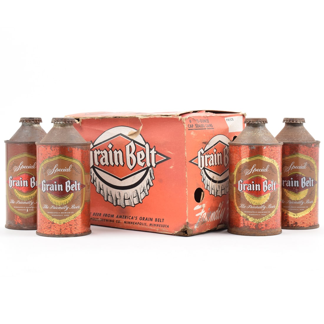 Grain Belt Special Cone Top Carrier and 4 Cans 167-18: Brewer/Business Name: Minneapolis Brewing Co., Minneapolis, Minnesota Manufacturer/Plant: Continental Can Co. Date of manufacture: