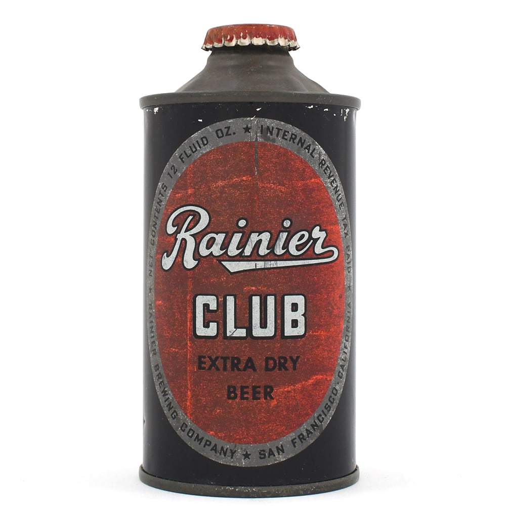 Rainier Club Extra Dry Beer Cone Top 180-22: Brewer/Business Name: Rainier Brewing Co., San Francisco, California Manufacturer/Plant: Continental Can Co. Date of manufacture: