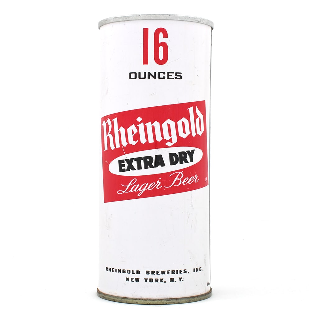 Rheingold Extra Dry Lager Beer 16 Ounce Fan Tab OUNCES 163-22: Brewer/Business Name: Rheinlander Breweries Inc., New York, New York Manufacturer/Plant: Crown Date of manufacture: circa 1960s USBC reference: 163-22 Contents/Type: 16 oz Dimensions: 2-3/4 w x 6-1/4