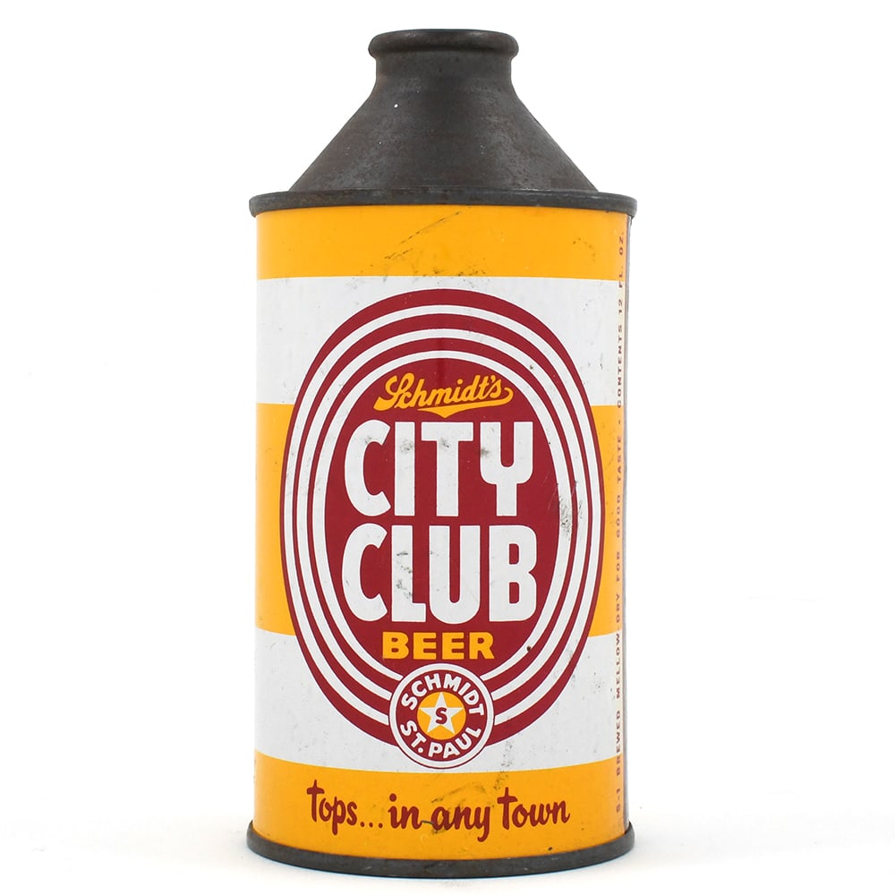 Schmidts City Club Beer Cone Top NO ALC STATEMENT 184-16: Brewer/Business Name: Jacob Schmidt Brewing Co., St. Paul, Minnesota Manufacturer/Plant: Continental Can Co. Date of manufacture: