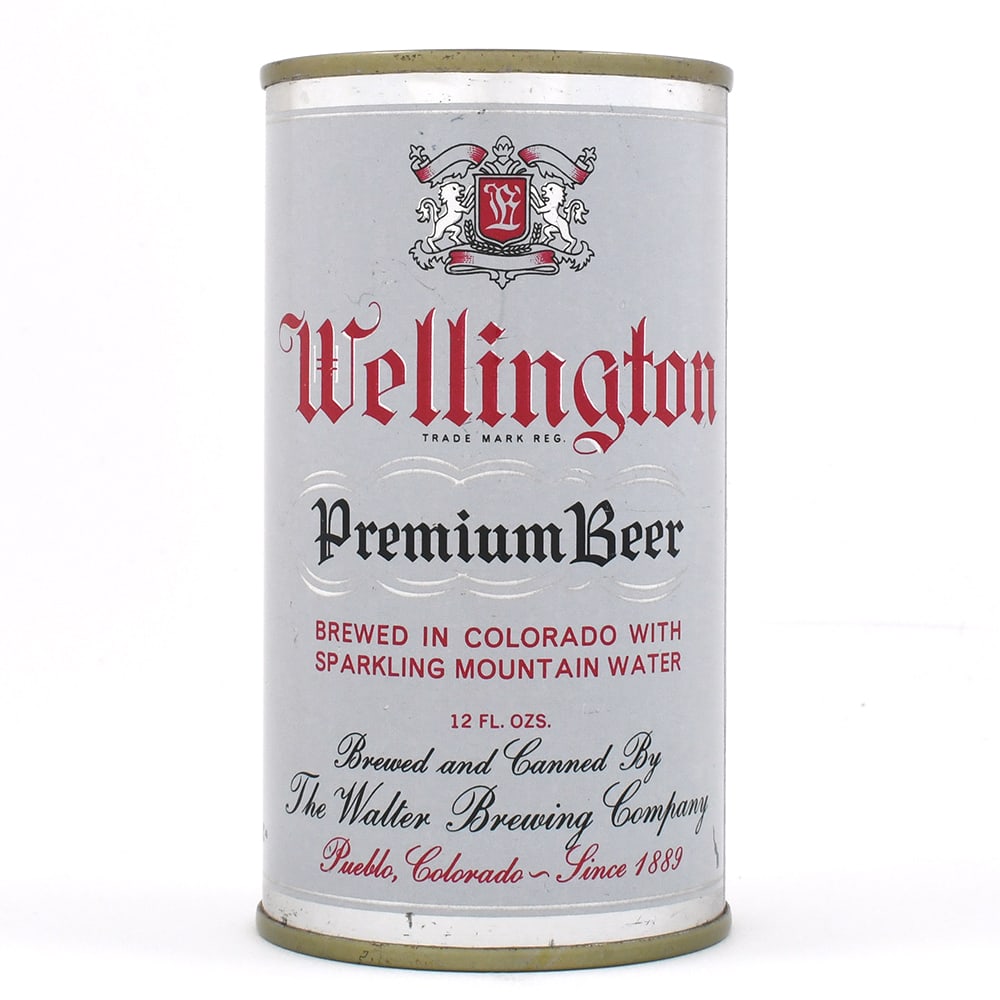 Wellington Premium Beer Flat Top 145-01 EXCEPTIONAL: Brewer/Business Name: Walter Brewing Co., Pueblo, Colorado Manufacturer/Plant: Continental Can Co. Date of manufacture: