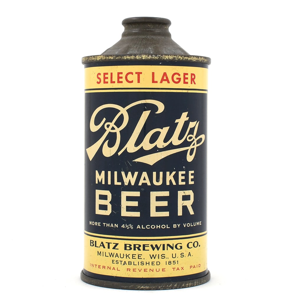 Blatz Milwaukee Select Lager Beer Cone Top 153-8 EXCELLENT: Brewer/Business Name: Blatz Brewing Co., Milwaukee, Wisconsin Manufacturer/Plant: Continental Can Co. Date of manufacture: circa 1930s USBC reference: 153-8 Contents/Type: 12 oz Dimensions: 2-3/4 w x