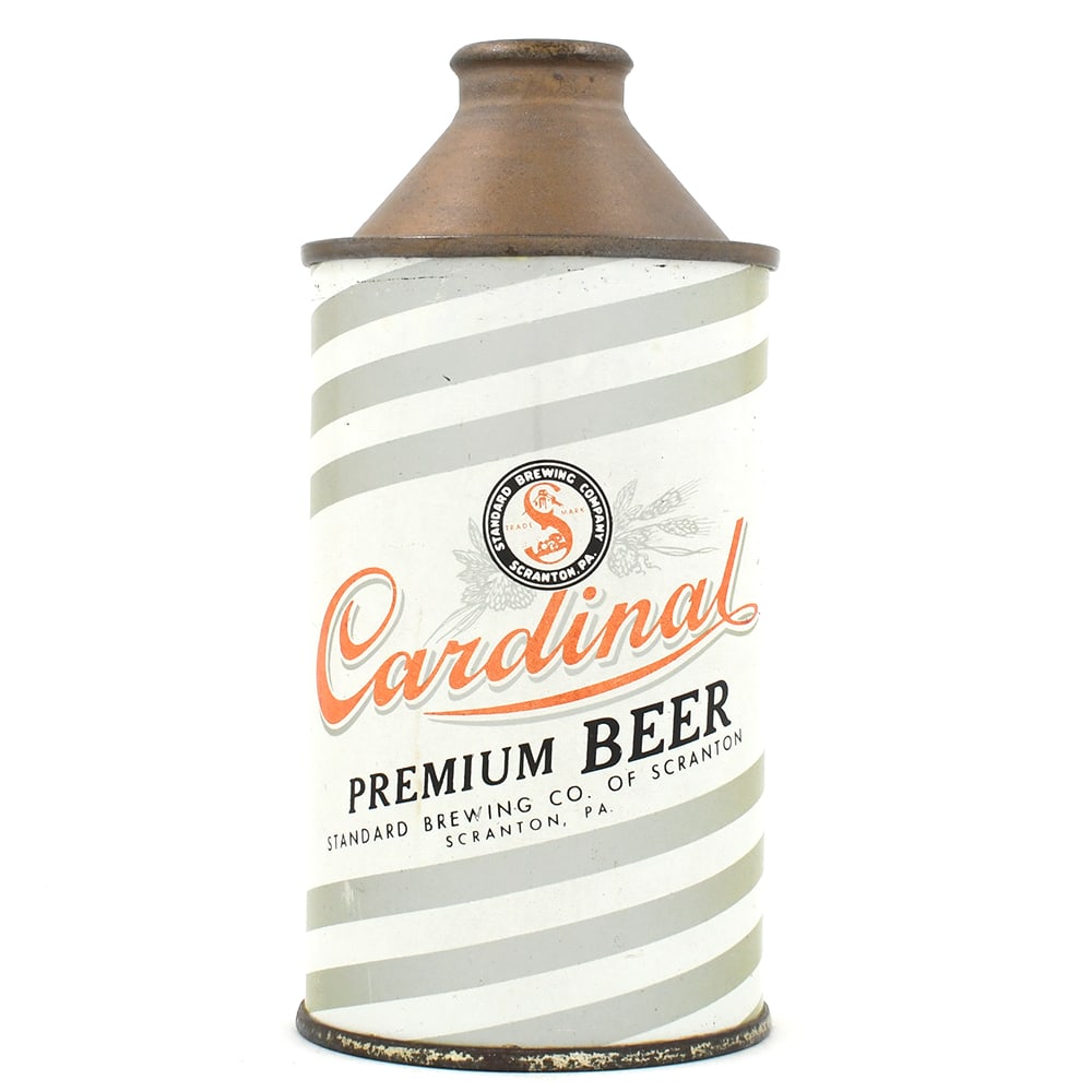 Cardinal Premium Beer Cone Top 156-19: Brewer/Business Name: Standard Brewing Co. of Scranton, Scranton, Pennsylvania Manufacturer/Plant: Crown Date of manufacture: circa 1950s USBC reference: 156-19 Contents/Type: 12 oz Dimensions: 2-3/4