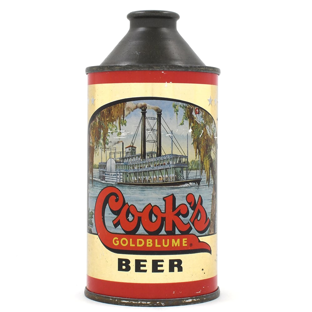 Cooks Goldblume Beer Cone Top NON-IRTP ROBT E LEE RIVERBOAT 158-7 OUTSTANDING: Brewer/Business Name: F. W. Cook Co., Evansville, Indiana Manufacturer/Plant: Continental Can Co. Date of manufacture: