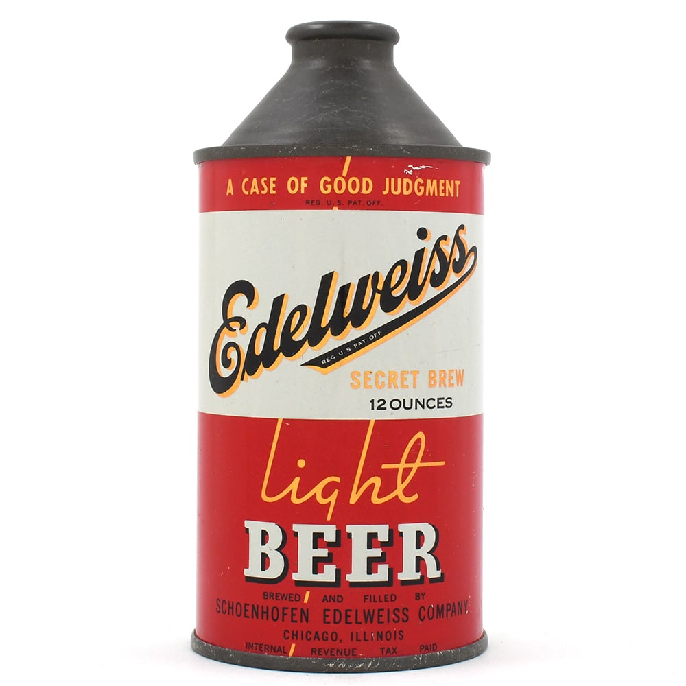 Edelweiss Light Beer Cone Top 160-28 OUTSTANDING: Brewer/Business Name: Schoenhofen Edelweiss Co., Chicago, Illinois Manufacturer/Plant: Continental Can Co. Date of manufacture: