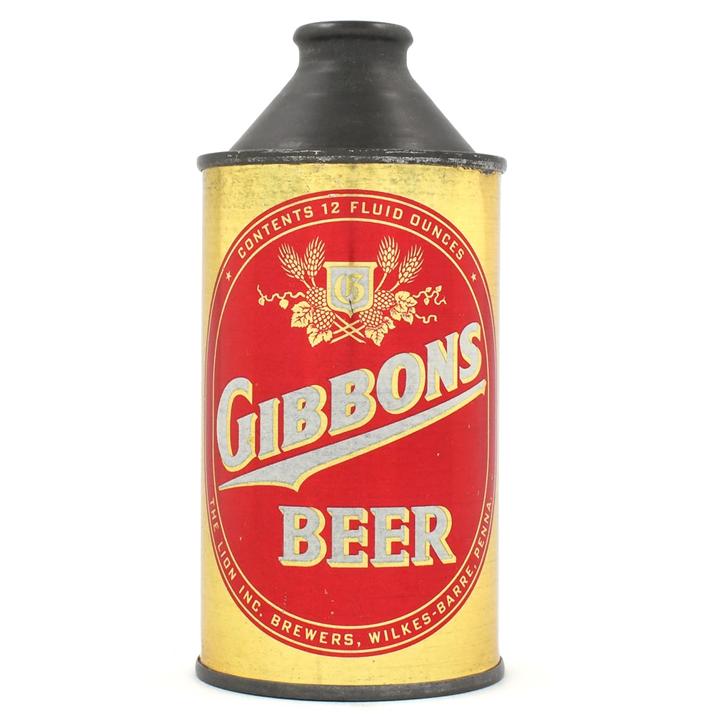 Gibbons Beer Cone Top 164-27 EXCELLENT: Brewer/Business Name: The Lion Inc., Wilkes-Barre, Pennsylvania Manufacturer/Plant: Continental Can Co. Date of manufacture: