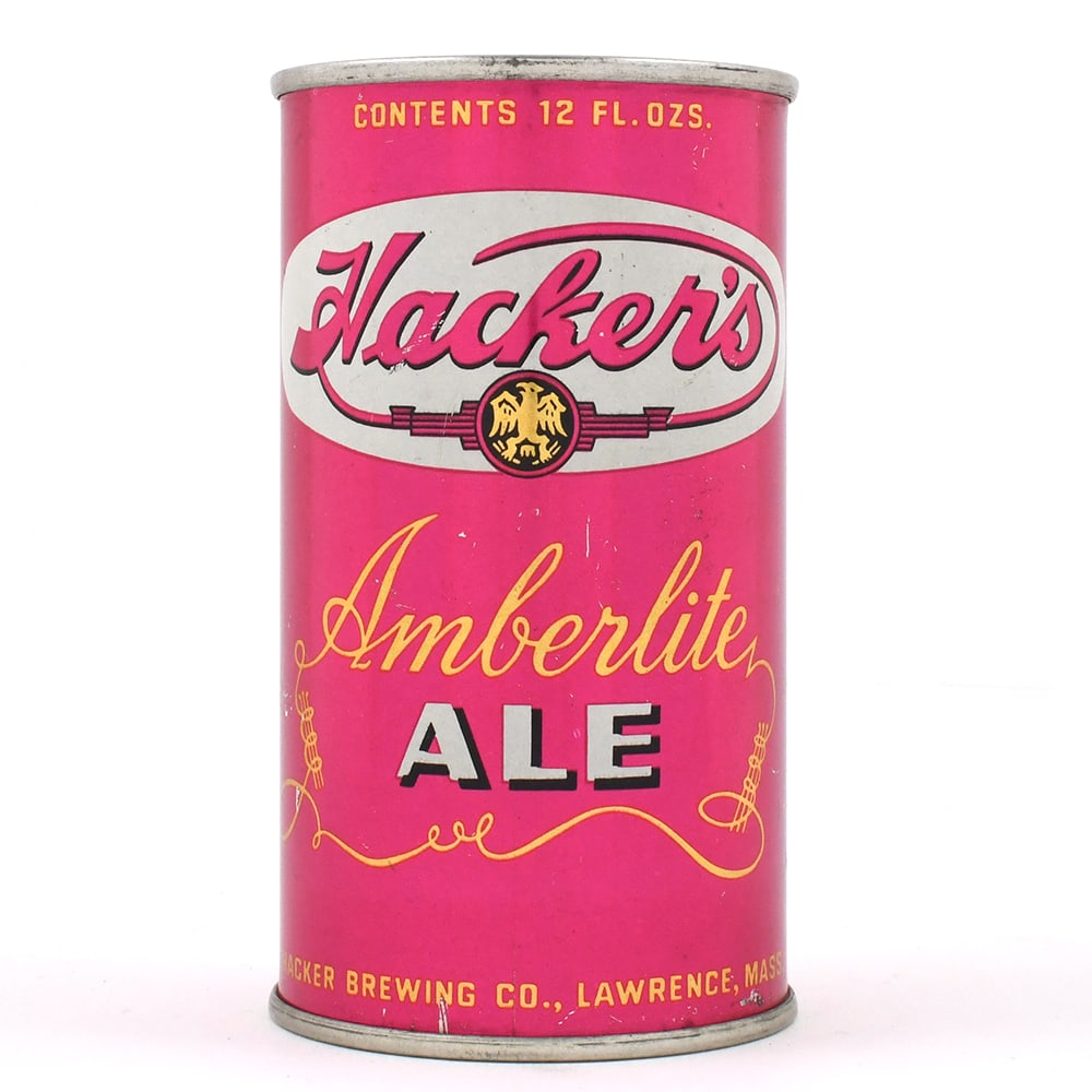 Hackers Amberlite Ale Bank Lid Flat Top y8-34 OUTSTANDING: Brewer/Business Name: Hacker Brewing Co., Lawrence, Massachusetts Manufacturer/Plant: American Can Co. Date of manufacture: