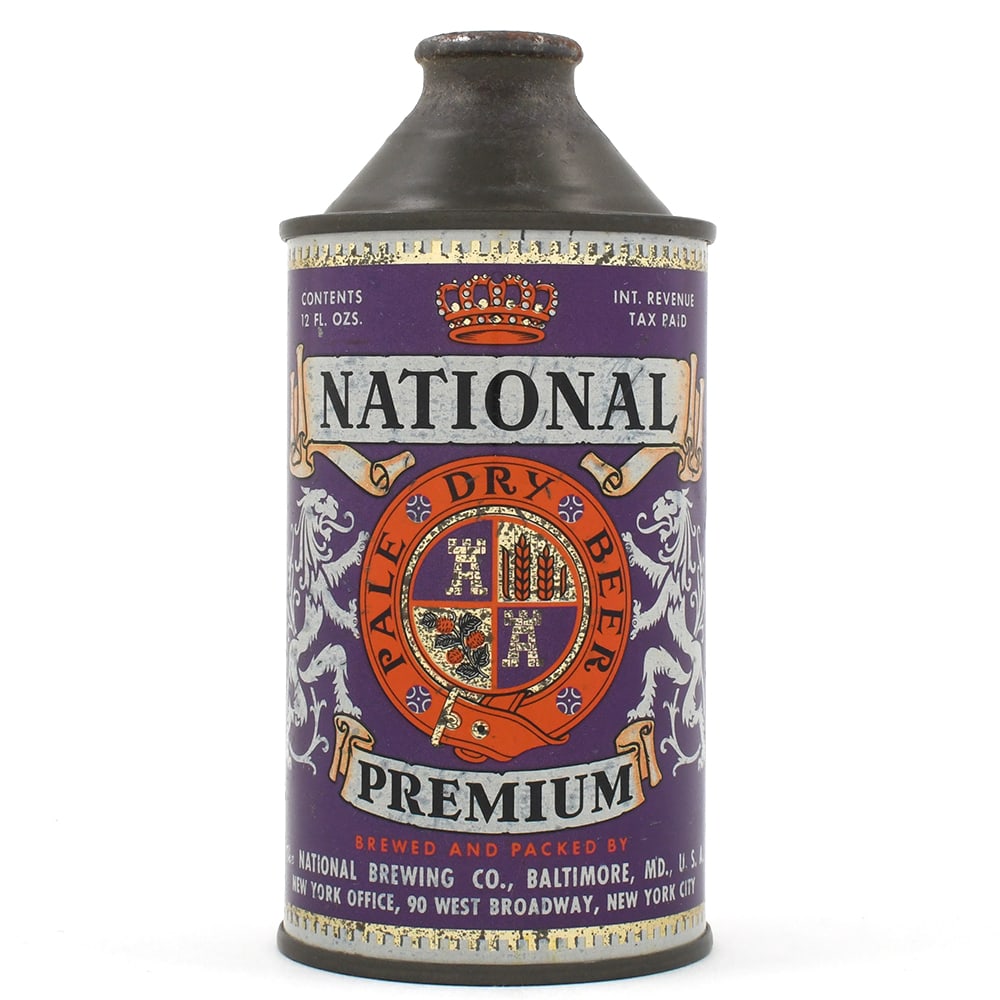 National Premium Beer Cone Top IRTP 175-1: Brewer/Business Name: National Brewing Co., Baltimore, Maryland Manufacturer/Plant: Continental Can Co. Date of manufacture: