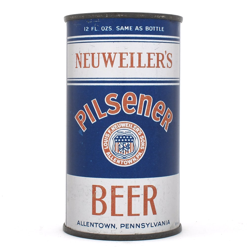 Neuweilers Pilsener Beer Instructional Flat Top PATENTS PENDING 102-37 OI 567: Brewer/Business Name: Louis F. Neuweilers Sons, Allentown, Pennsylvania Manufacturer/Plant: American Can Co. Date of manufacture: