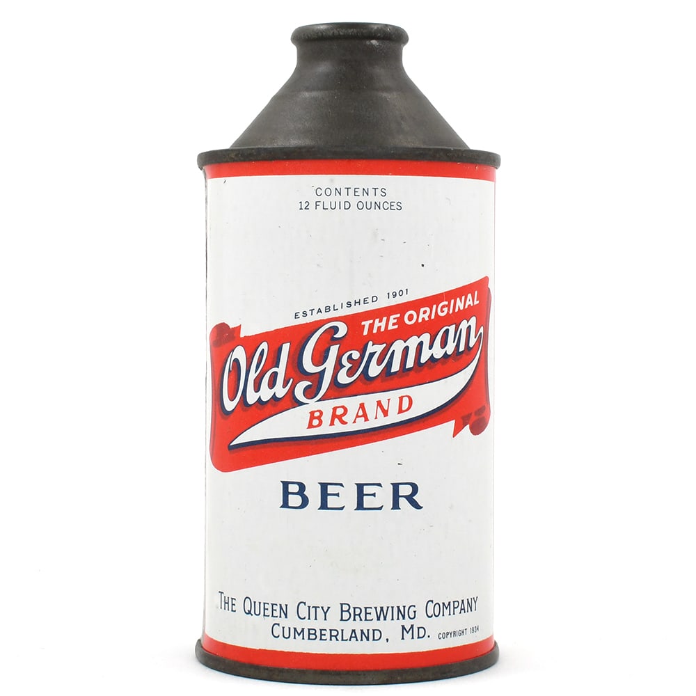 Old German Beer Cone Top 176-20: Brewer/Business Name: Queen City Brewing Co., Cumberland, Maryland Manufacturer/Plant: Continental Can Co. Date of manufacture: circa 1950s USBC reference: 176-20 Contents/Type: 12 oz Dimensions: