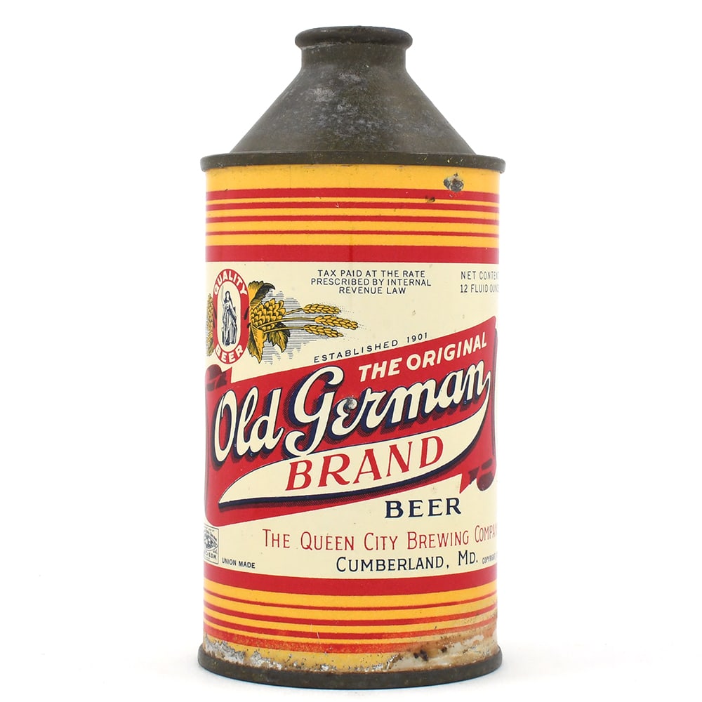 Old German Brand Beer Cone Top IRTP 176-16: Brewer/Business Name: Cumberland Brewing Co., Cumberland, Maryland Manufacturer/Plant: Continental Can Co. Date of manufacture: circa 1940s USBC reference: 176-16 Contents/Type: 12 oz Dimensions: