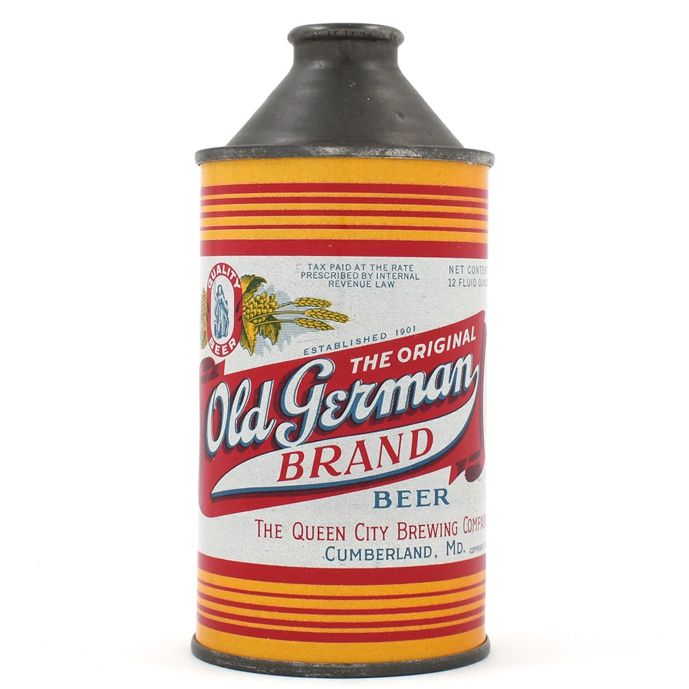 Old German Brand Beer Cone Top IRTP 176-16 EXCEPTIONAL: Brewer/Business Name: Cumberland Brewing Co., Cumberland, Maryland Manufacturer/Plant: Continental Can Co. Date of manufacture: circa 1940s USBC reference: 176-16 Contents/Type: 12 oz Dimensions: