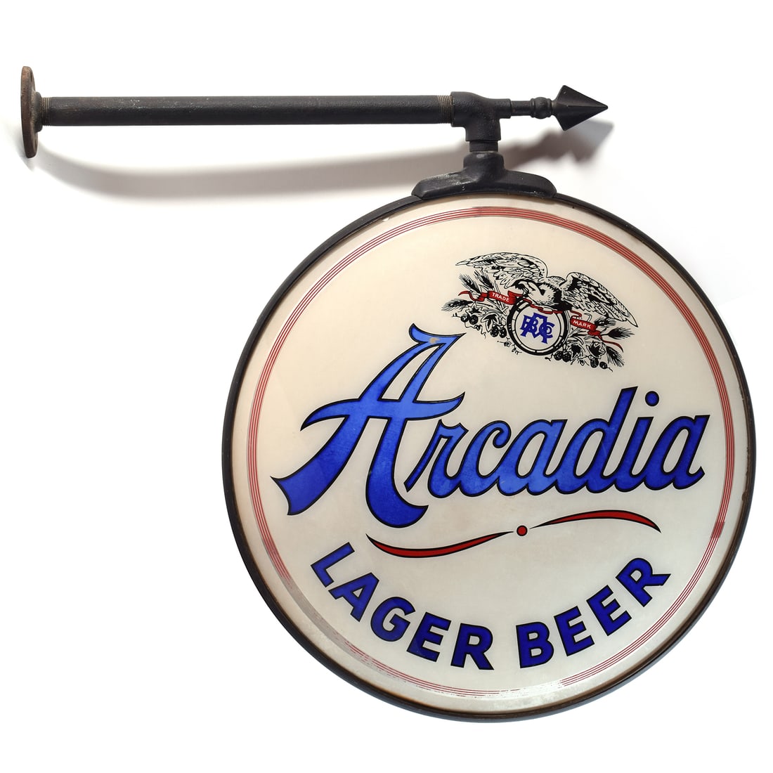 Arcadia Lager Beer Pre-Prohibition Reverse-Painted Glass Tavern Sign ULTRA RARE: Brewer: Arcadia Brewery. Arcadia, Wisconsin Date of manufacture: Pre-Prohibition Dimensions: Framed globe is about 24.5 inches. About 3