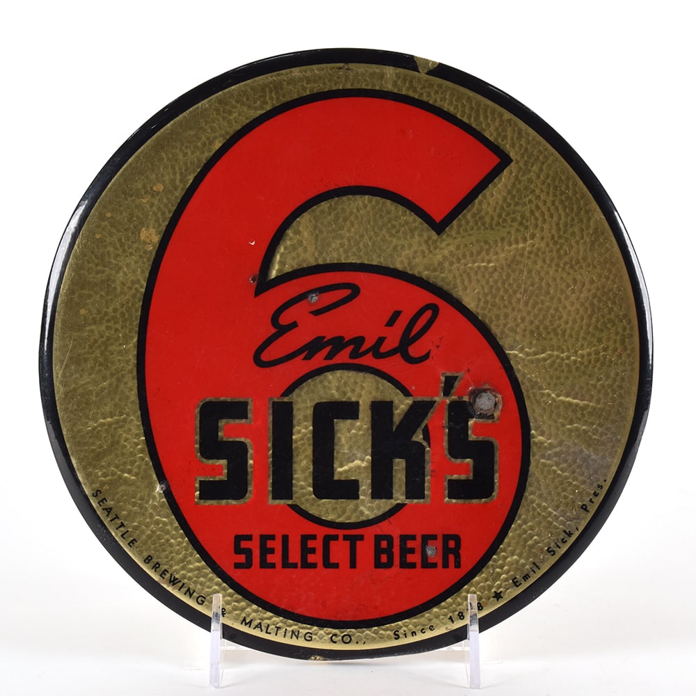 Emil Sicks Select Beer 1940s Tin-Over-Cardboard Button Sign: Brewer/Business Name: Seattle Brewing & Malting Co., Seattle, Washington Manufacturer/Plant: Bastian Bros. Rochester NY Date of manufacture: