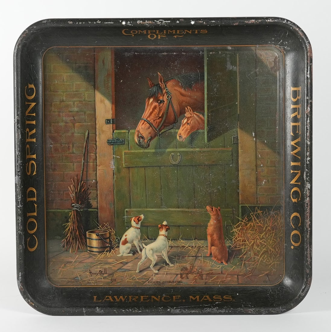 Cold Spring Brewing Pre-Proh Tray HORSES-DOGS Stable RARE Henry Stull: Brewer: Cold Spring Brewing Co., Lawrence, Massachusetts Manufacturer/Plant: American Art Works Date of manufacture: Pre-Prohibition Dimensions: 13 w x 13 h. Comments/description: NOTE: Proceeds from 