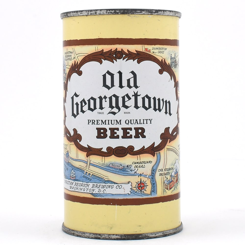 Old Georgetown Beer Bank Lid Flat Top DARK BROWN 106-17 OUTSTANDING: Brewer/Business Name: Chr. Heurich Brewing Co., Washington, D.C. Manufacturer/Plant: American Can Co. Date of manufacture: circa 1950s USBC reference: 106-17 Contents/Type: 12 oz Dimensions: 2-3/4 w